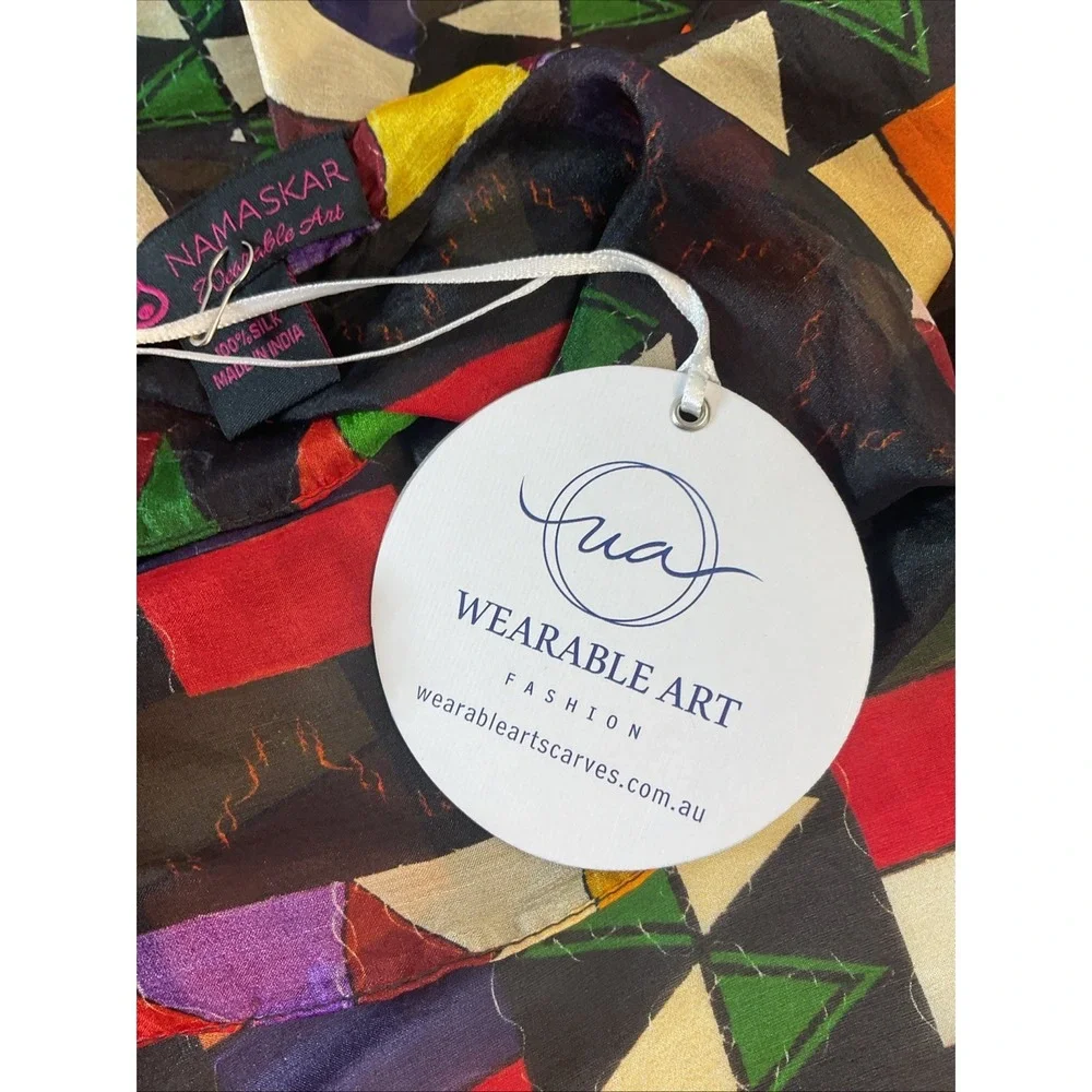 NWT 100% Silk Scarf Namaskar Wearable Art Abstract Colorful Black‎ geometric
